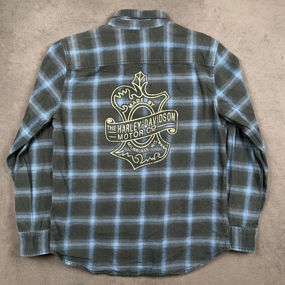 Harley Davidson Flannel Shirt Mens Large Blue Black Plaid Oak Leaf Long Sleeve